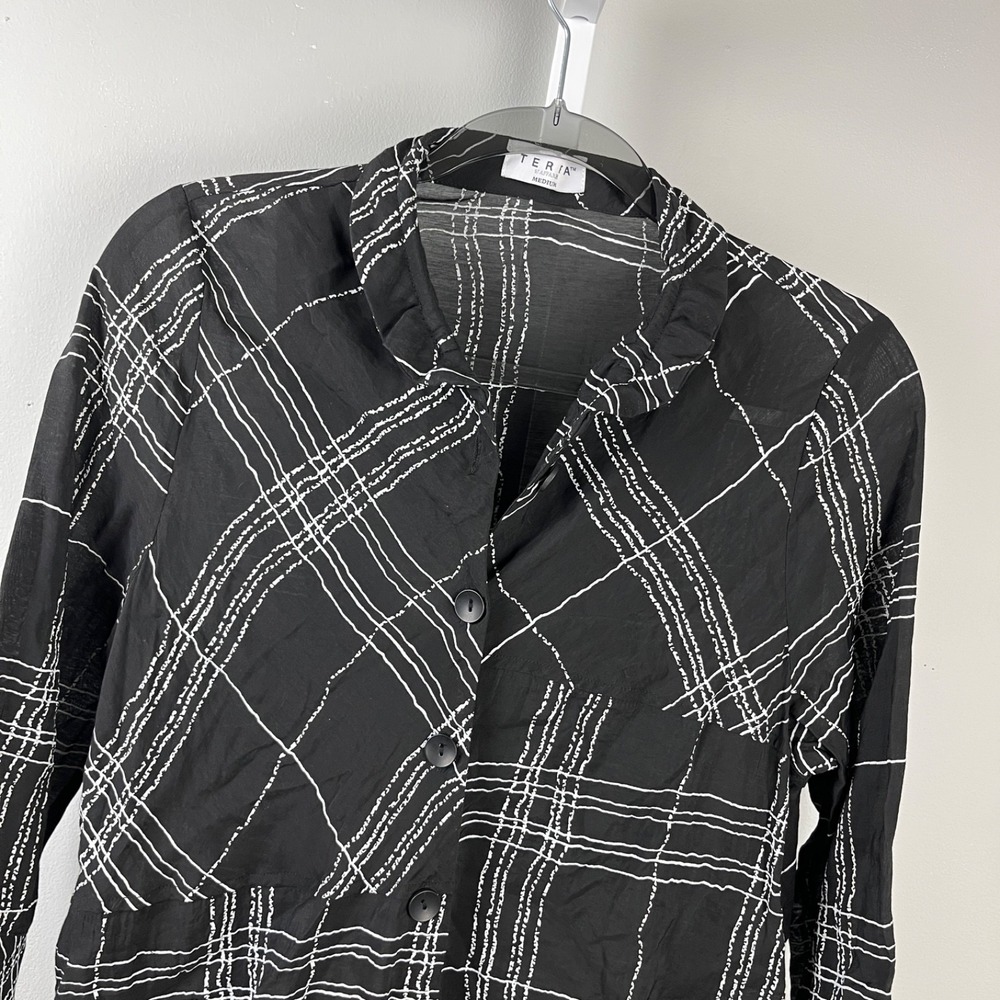 Terra SJ Apparel‎ Lagenlook Top Womens M Silk Blend Black White Button Up Tunic